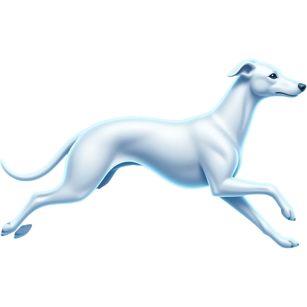 glowing magical greyhound dog made of light, slim elegant body, running pose, blue-white aura, centered, 3D glossy emoji style, clean background emoji