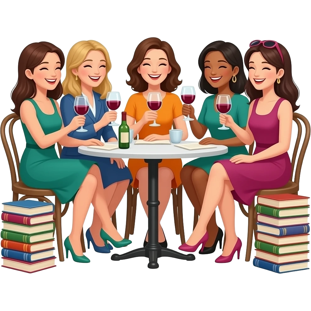 5 ladies silly book club having fun drinking wine italian emoji