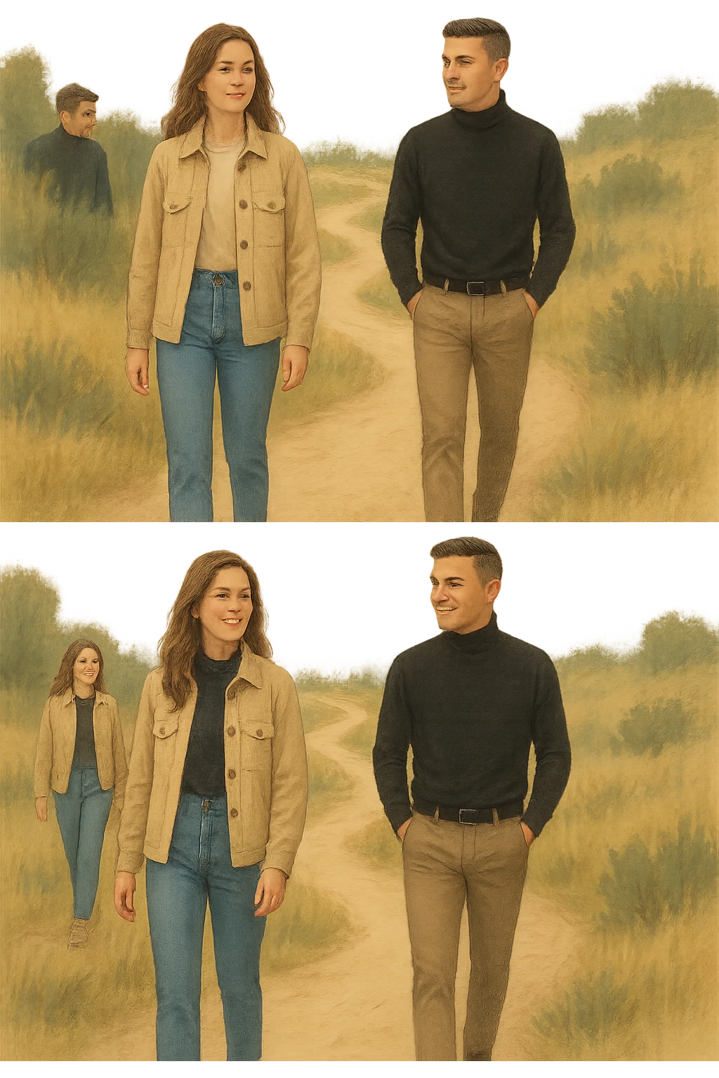 a man and a woman walk together along a winding path in a natural landscape. In one version, the woman leads confidently while the man follows a few steps behind, looking at lei con ammirazione. In un’altra versione, i ruoli sono invertiti, con l’uomo che guida e la donna che lo segue sorridendo. La scena trasmette l’idea che entrambi possano guidare o seguire, a seconda del momento. emoji