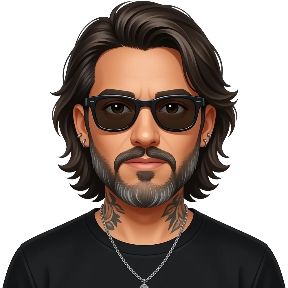 The handsome manly Latino podcast host with medium length hair, a long slightly graying beard and tattoos with his ears pierced 1 time each ear and a nose ring on the right side, dark brown eyes, wearing black, dark sunglasses, and jewelry, thinking deep emoji