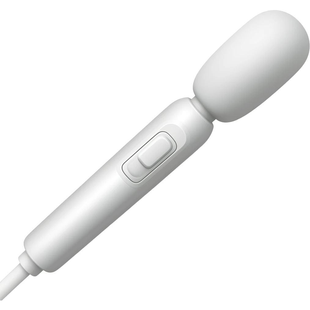 body massager in the form of a stick with a round, slightly elongated attachment on the wire, vibrating body massager, white, with an on/off button emoji