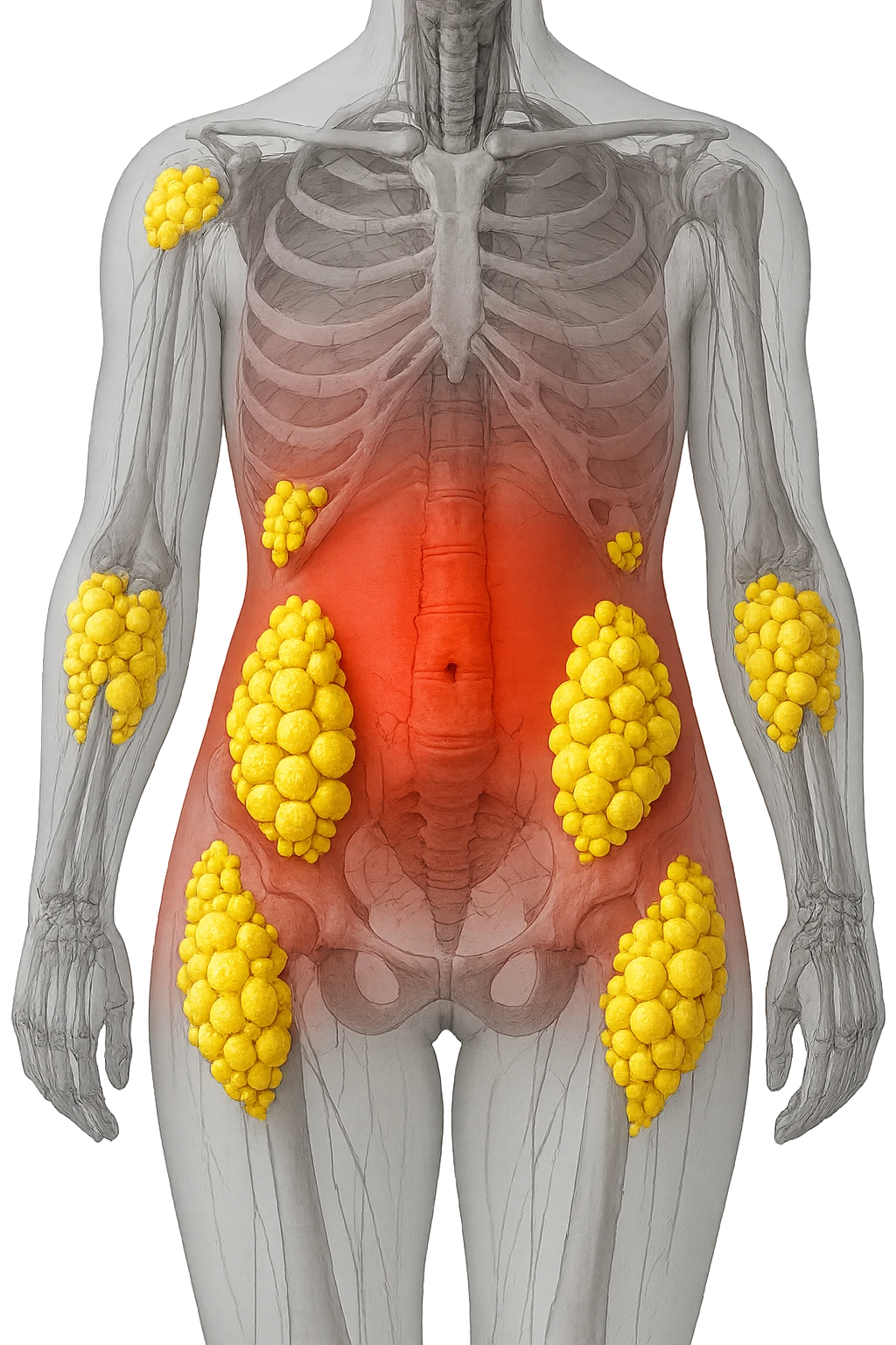 corpo umano anatomico con addome e fianchi segnati in rosso, grappoli di cellule adipose gialle su fianchi e addome emoji