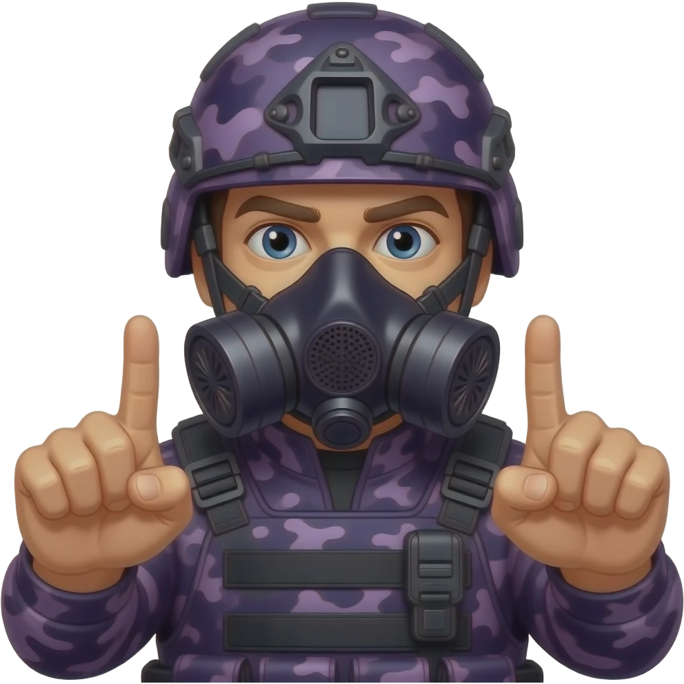 Man with two middle fingers in dark purple camoflage tactical gear helmet full face dark purple gasmask emoji