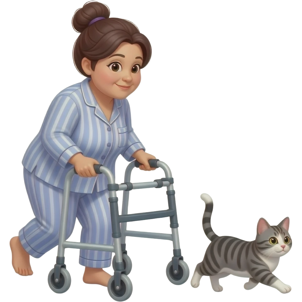 Middle aged, a little heavy set, dark hair in a bun, woman in pajamas using walker chasing behind a grey and white tabby cat emoji