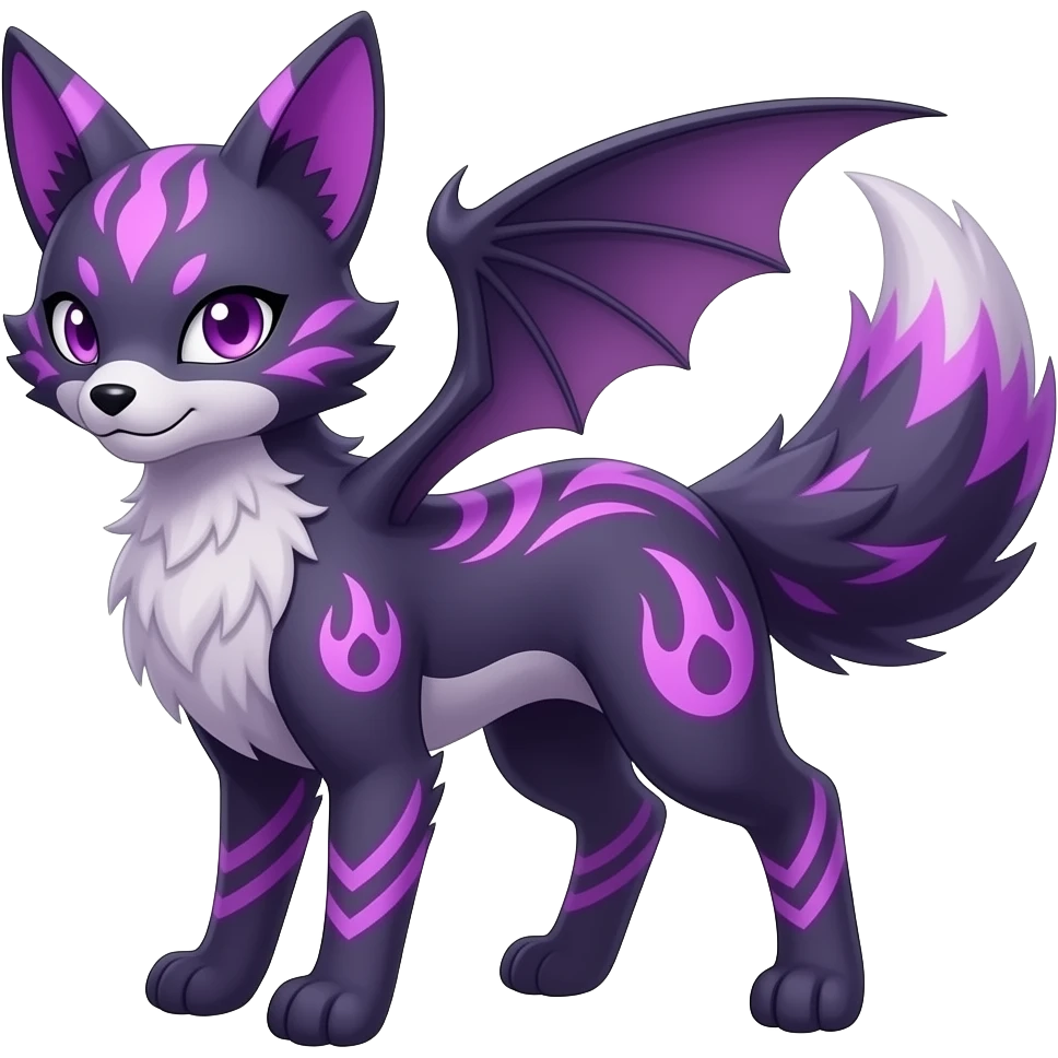 Realistic tribal-patterned shiny Wisteria-Thistle-Violet-colored Demonic Furret-Umbreon-Noibat-Litten-Zorua-Pokémon-Fakémon-hybrid emoji