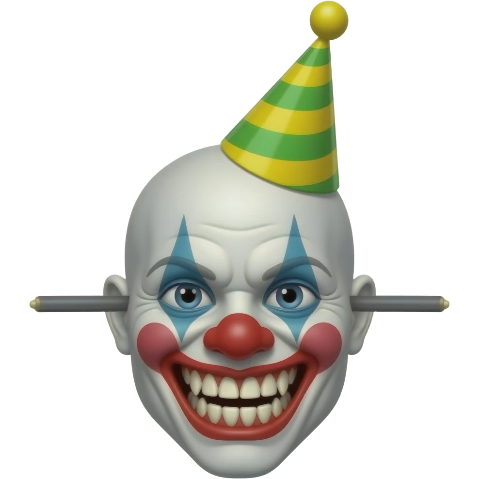 Grey wires with a bald white animatronic clown face and no lipstick with sharp teeth And a green and yellow stripy party hat emoji