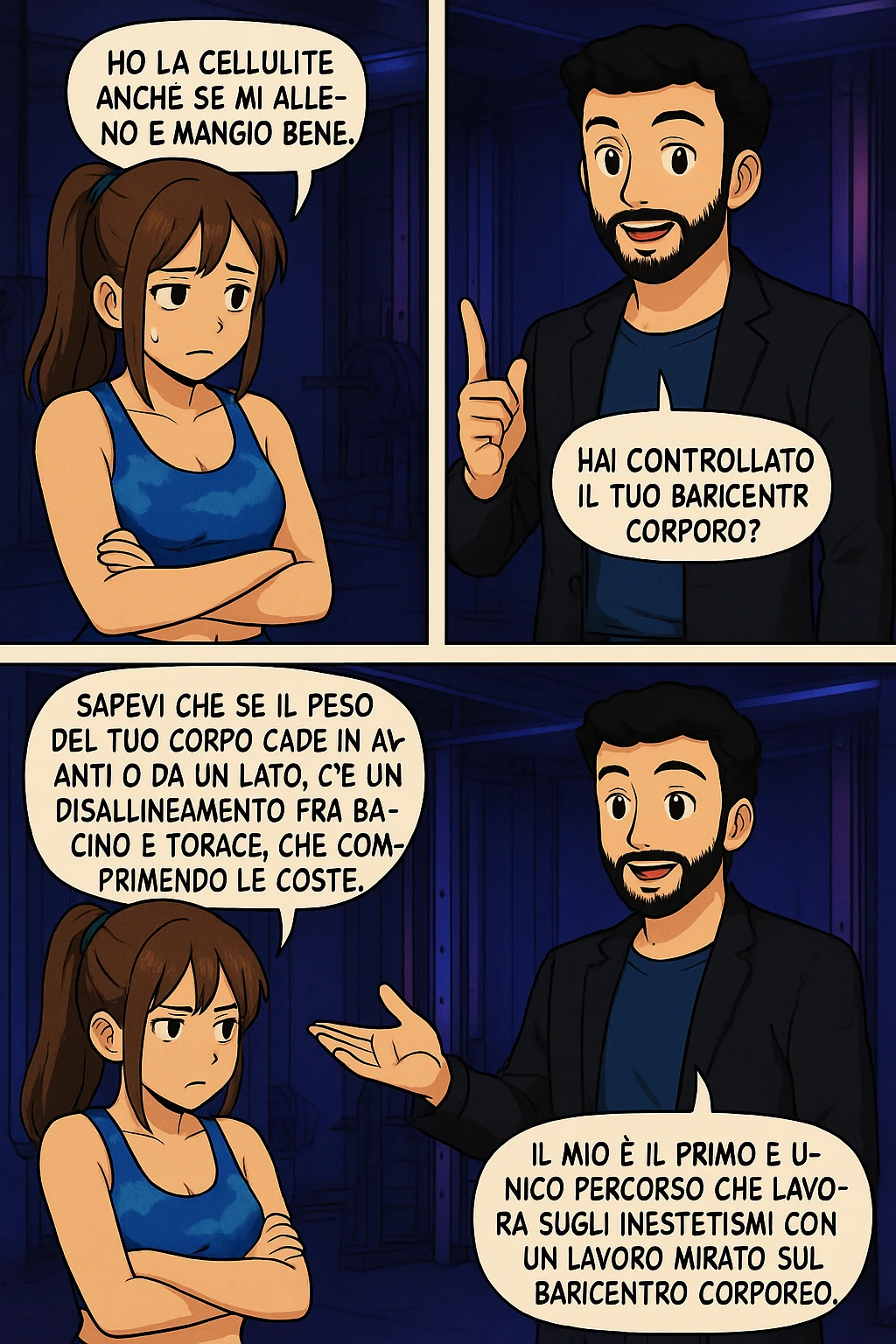 PRENDI SPUNTO DA QUESTO STILE FACENDO UN WEBTOON/MANGA:

LEI: Ho la cellulite anche se mi alleno e mangio bene, cosa posso fare?

LUI: Hai controllato il tuo baricentro corporeo?
LUI: Sapevi che se il peso del tuo corpo cade in avanti o da un lato, c’è un disallineamento fra bacino e torace, che comprimendo le coste, limita la motilità del diaframma e l’ossigenazione dei tessuti?
LUI: Il mio è il primo e unico percorso che lavora sugli inestetismi con un lavoro mirato sul baricentro corporeo. emoji