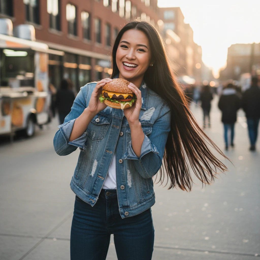A full-length photo of a girl with long black hair holding a burger emoji