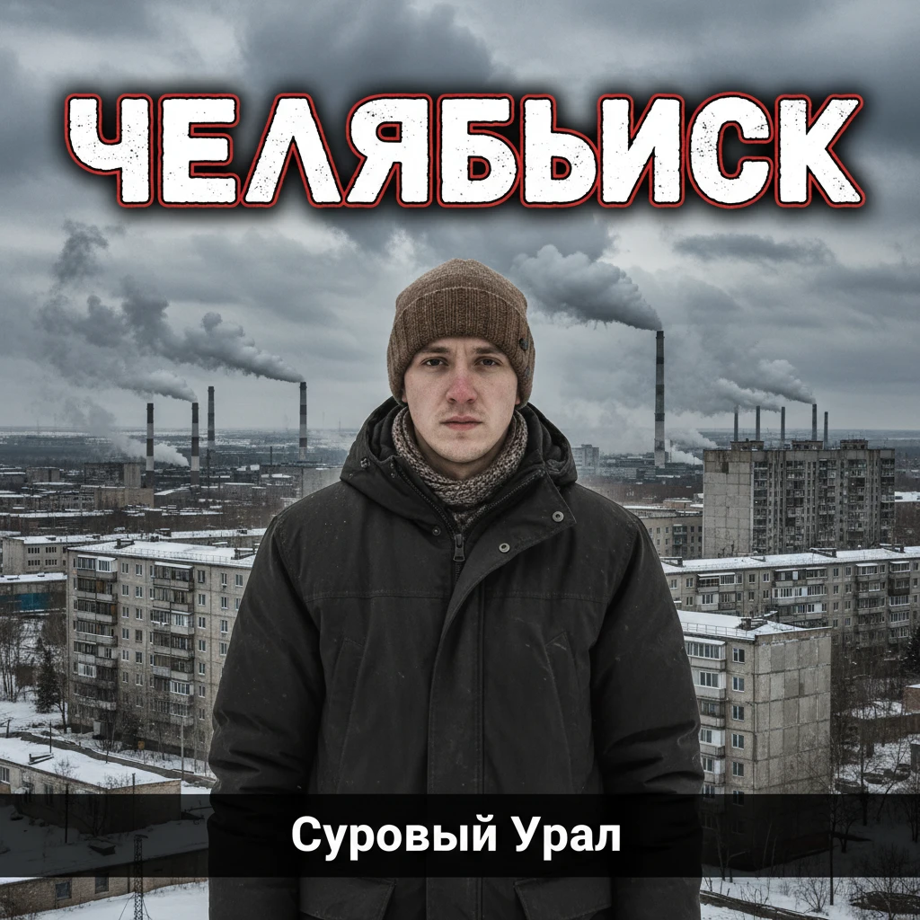 Сгенерируй мне такое же превью, с этим человеком, только чтобы было написанно ЧЕЛЯБИНСК, и на фоне всё связанное с челябинском, много заводов, депресивные панельные дома СССР и холод emoji
