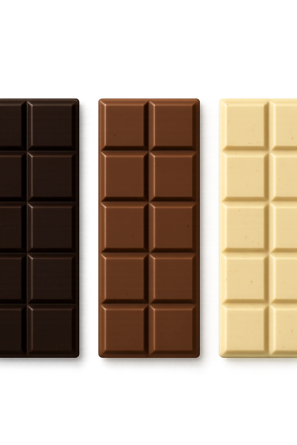 3 emoji stile iphone di BARRETTE DI CIOCCOLATO, UNA FONDENTE, UNA AL LATTE E UNA BIANCA, CON OMBRA REALISTICA, VISTE DALL'ALTO, IPERREALISTICO 4K emoji