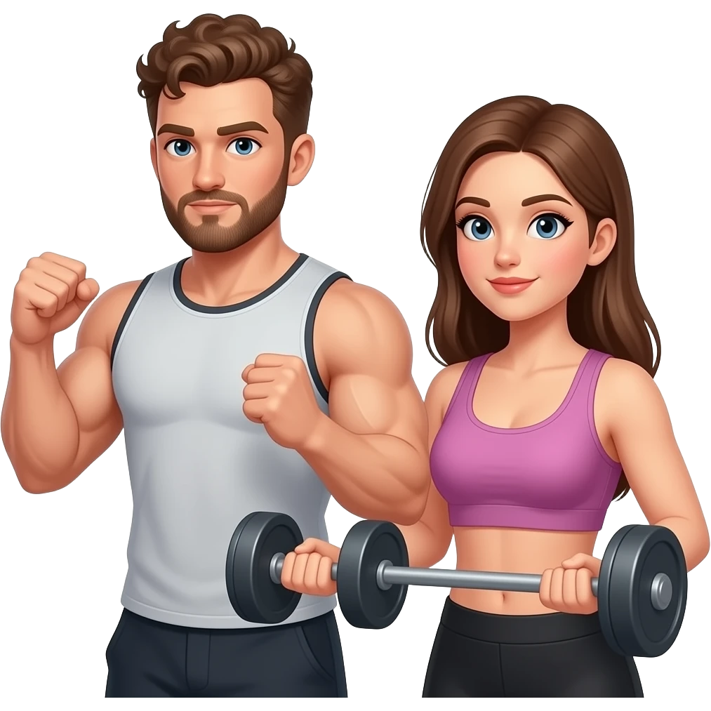 Realistic white man brown super short curly hair with beard working out with realistic white woman brown long straight hair aesthetic emoji