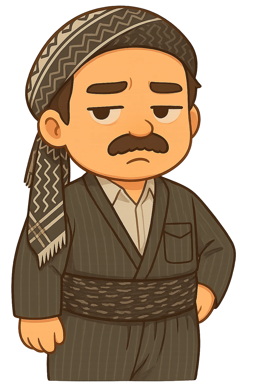Cartoon sticker of a Kurdish man wearing the same traditional Kurdish clothes and shawl as the reference image, with no changes to the clothes or shawl. The face should have a bored and frowning expression similar to the 😒 emoji. The style should be colorful and cheerful, suitable for WhatsApp and Instagram, with no text and a transparent background. emoji