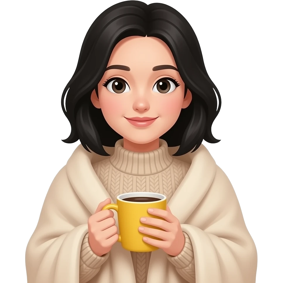 A cute white woman with black hair, with a beige blanket, beige sweater, and a coffee in a yellow mug, very cozy, iPhone emoji style emoji