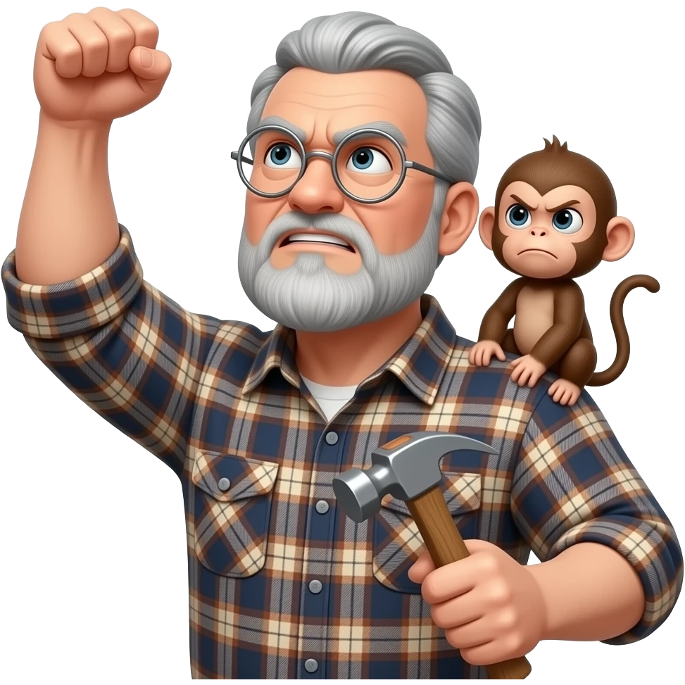 Angry old man wearing a plaid shirt with silver round glasses with with grey hair and no beard or mustache looking at the sky and shaking his fist at the sky with a hammer in his left hand with a angry baby monkey on his shoulder emoji