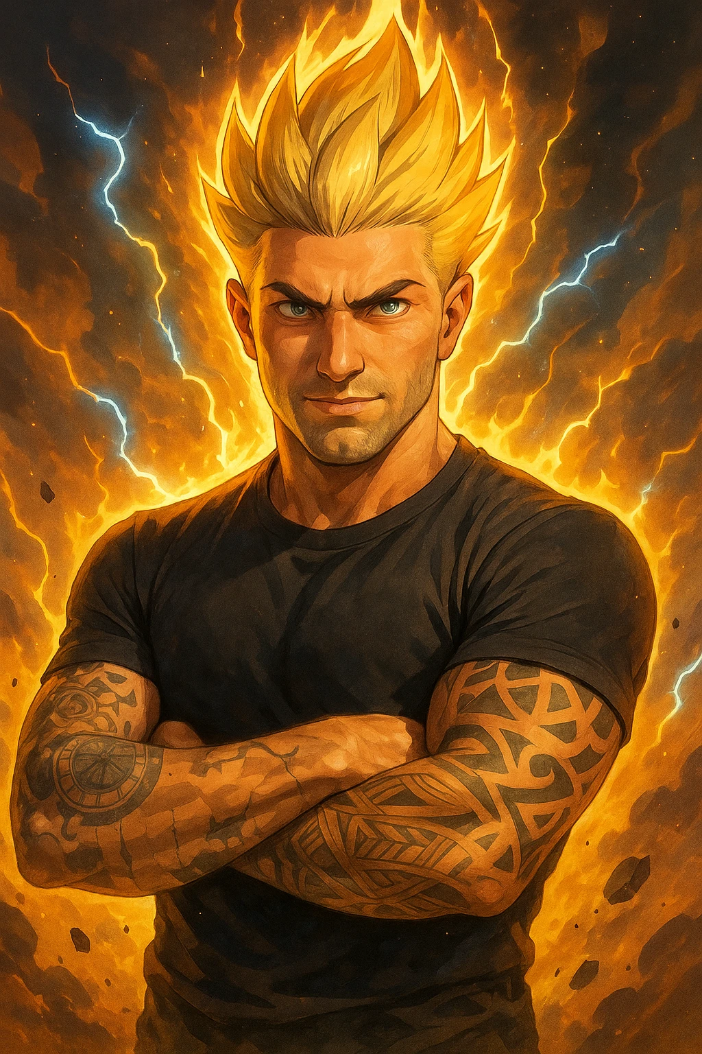 a muscular man with spiky hair stands in a powerful pose, surrounded by a glowing, fiery aura reminiscent of Goku’s Super Saiyan transformation. His eyes are intense and determined, and his body radiates energy and confidence. Lightning bolts and energy waves crackle around him, symbolizing a surge of testosterone and vitality. The background is dramatic, with swirling clouds and vibrant colors. emoji