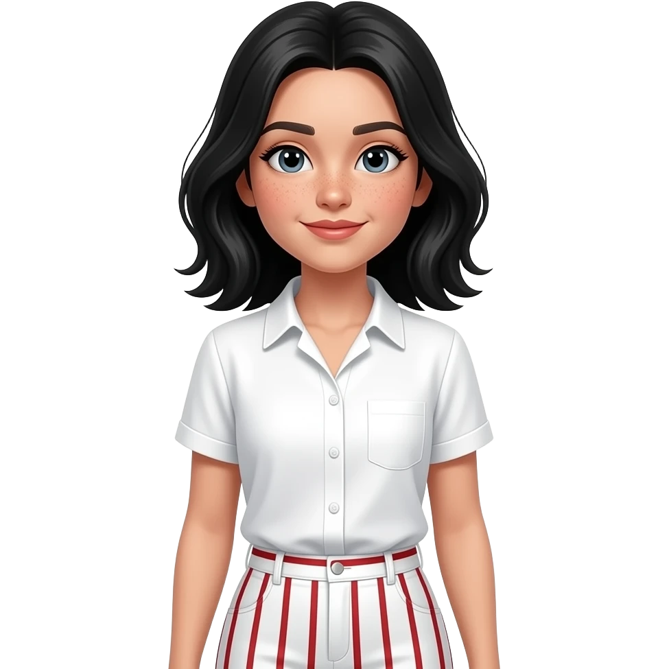a young woman with black hair and freckles, she wears a short sleeves white blouse and white pants with vertical red stripes emoji
