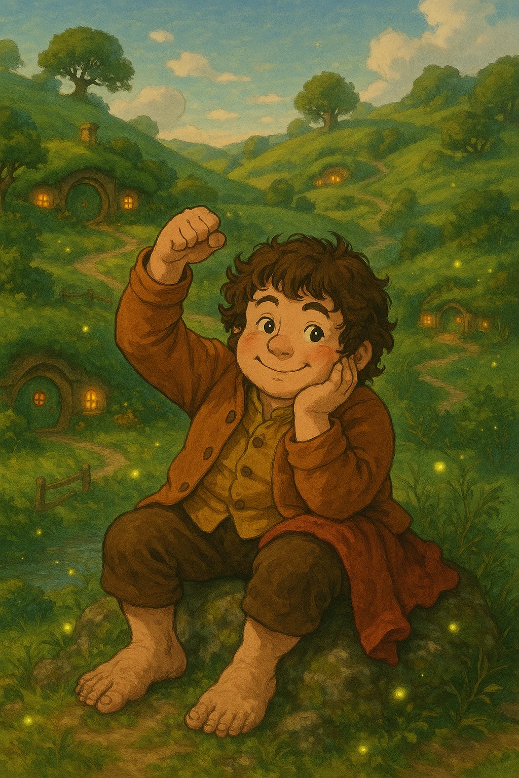 Transform the person into a hobbit from The Lord of the Rings with curly hair, a round face, wearing rustic hobbit clothing. Set the scene in a whimsical Shire-like fantasy landscape inspired by the movies, maintaining a whimsical and magical style. emoji