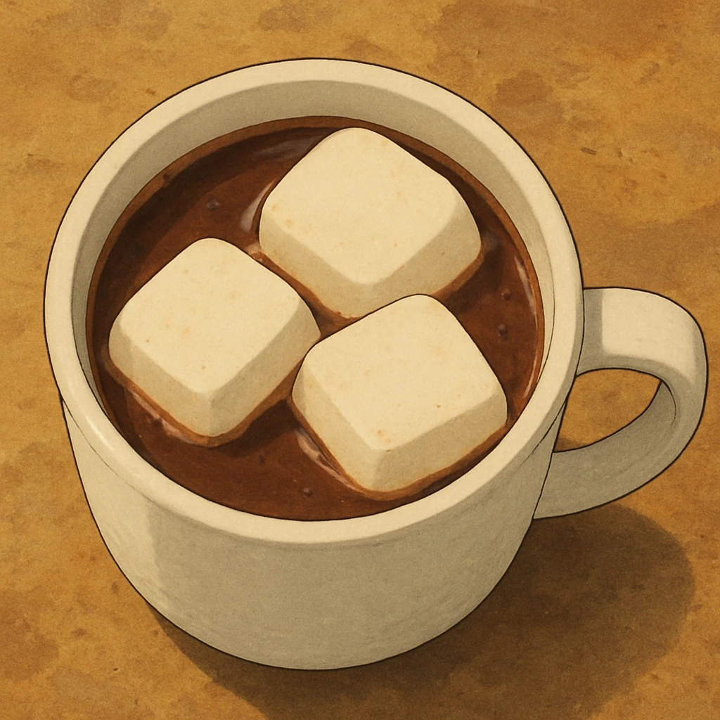 birds eye view of realistic hot chocolate white mug with three big marshmallows in it emoji