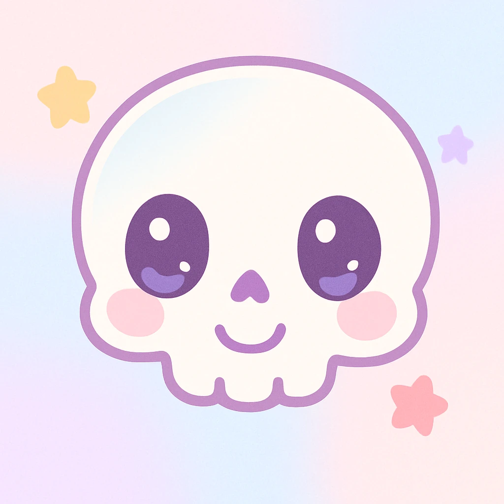 cute skeleton head facing forward, simple and friendly expression, not scary, soft features, kawaii style emoji