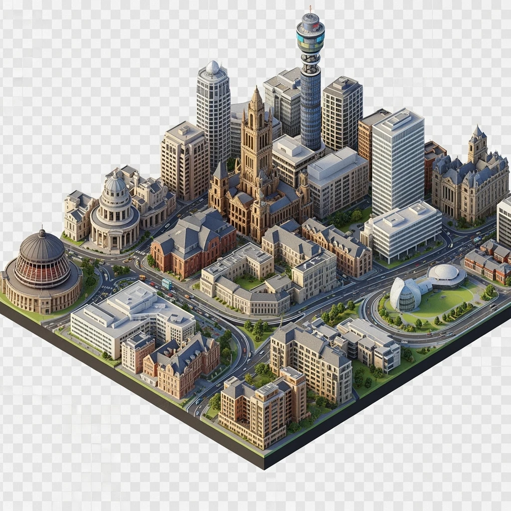 Isometric illustration-model of panorama view Birmingham with photorealistic main buildings, balanced between stylized and realistic, 3D miniature effect, transparent background. emoji