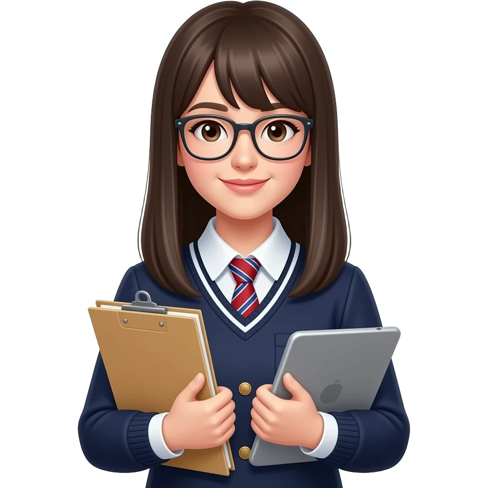 A female student with straight hair, a look like a student council president, wearing trendy thin-rimmed glasses, a perfectly buttoned school uniform shirt, and carrying a document folder or iPad close to her chest. emoji