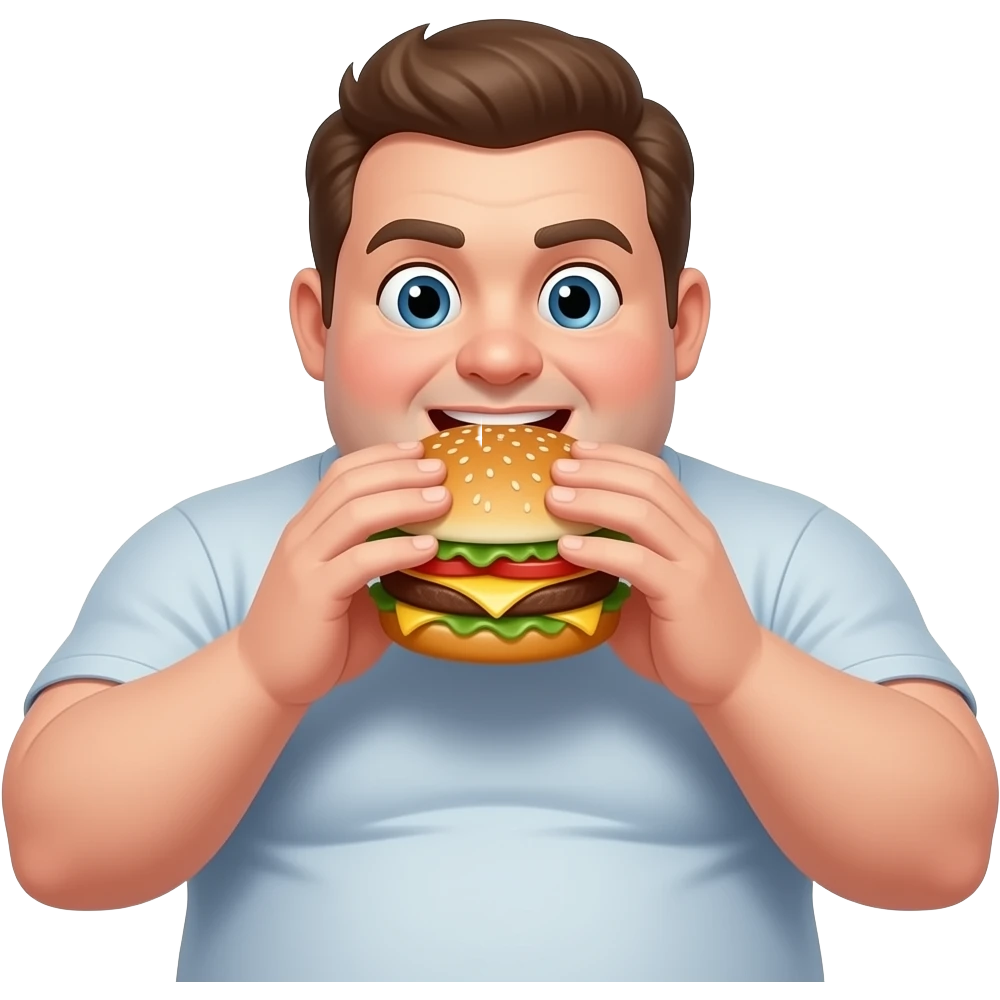 greesy fat guy wearing a tight shirt eating a triple cheese burger emoji