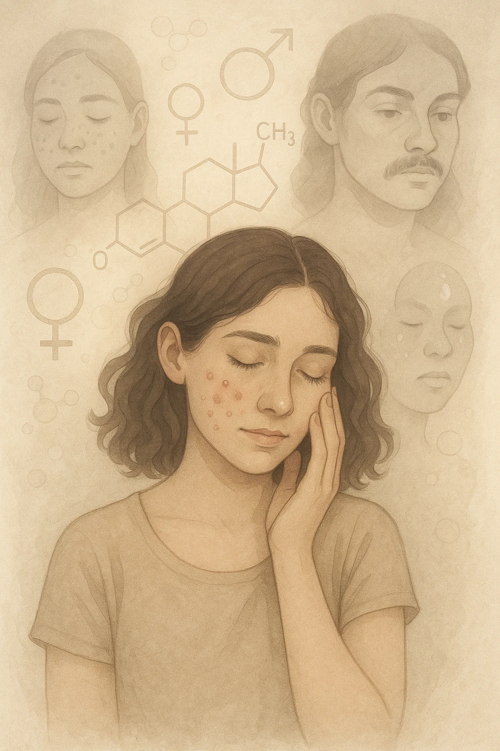 A young woman is surrounded by faint overlays of hormonal symbols and androgen molecules, with shadowy images of acne, facial hair, and oily skin projected around her, symbolizing the symptoms of PCOS with androgen excess. She looks down, gently touching her face with a resigned but hopeful expression, symbolizing her journey toward managing these symptoms. emoji