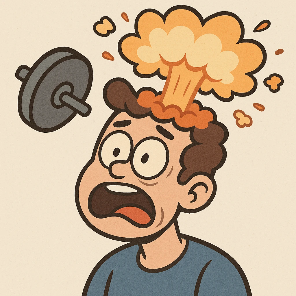 stylized shocked face, explosion effect from top of head, barbell or weight plate subtly included in design emoji