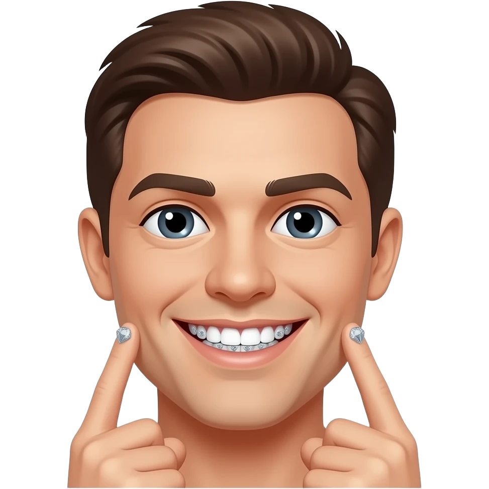 Crea un emoji sonriendo con dientes de diamantes y poniendo un dedo de cada mano en los labios emoji