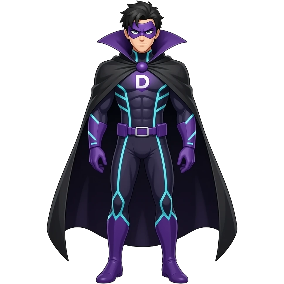 Anime men supervillain dark purple and cyan lines long black cape letters D purple masks full body emoji