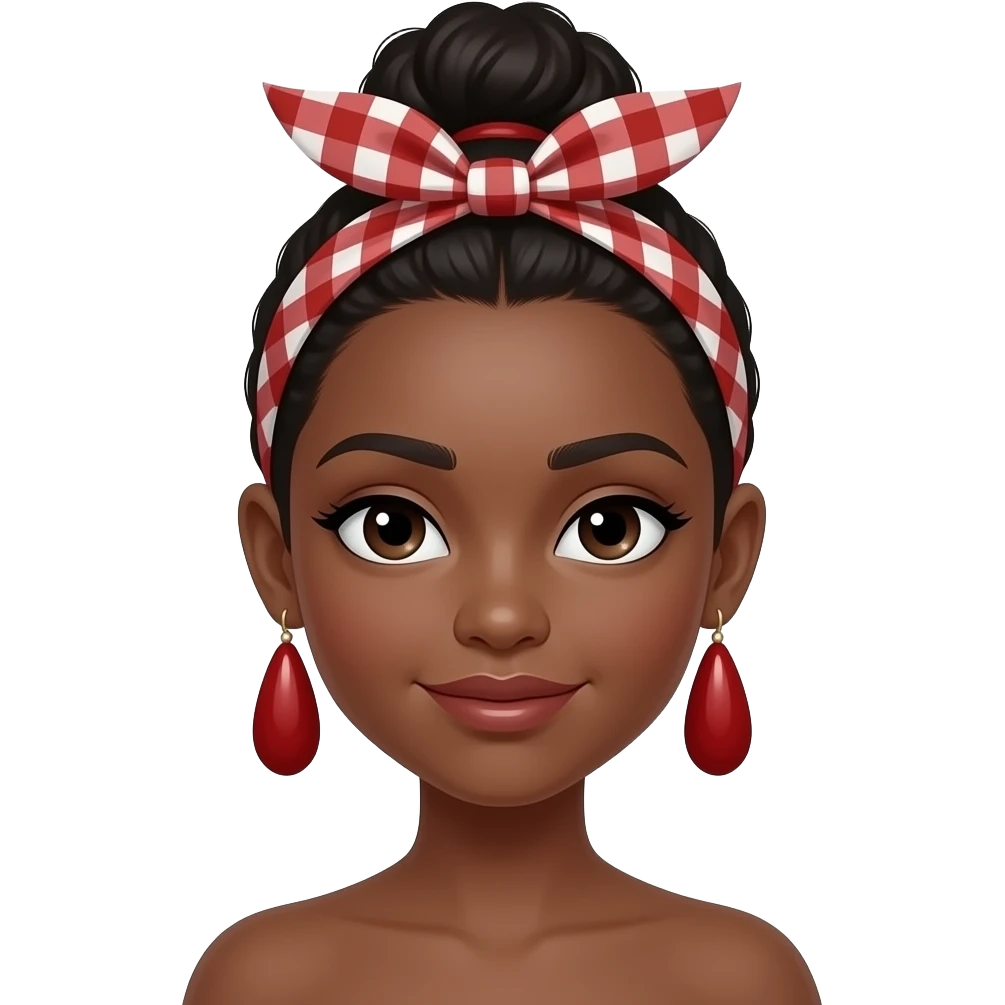 dark skin girl with head band and bun wear dark vibrant red earings emoji
