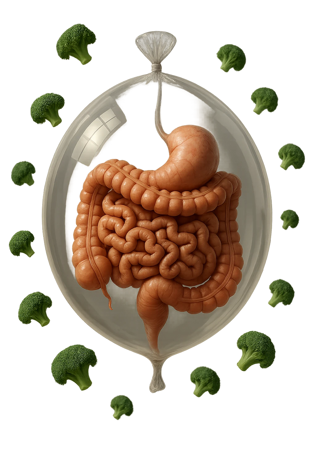 palloncino con intestino umano anatomico all'interno, attorno al quale fluttuano dei broccoletti, iperrealistico 4k emoji