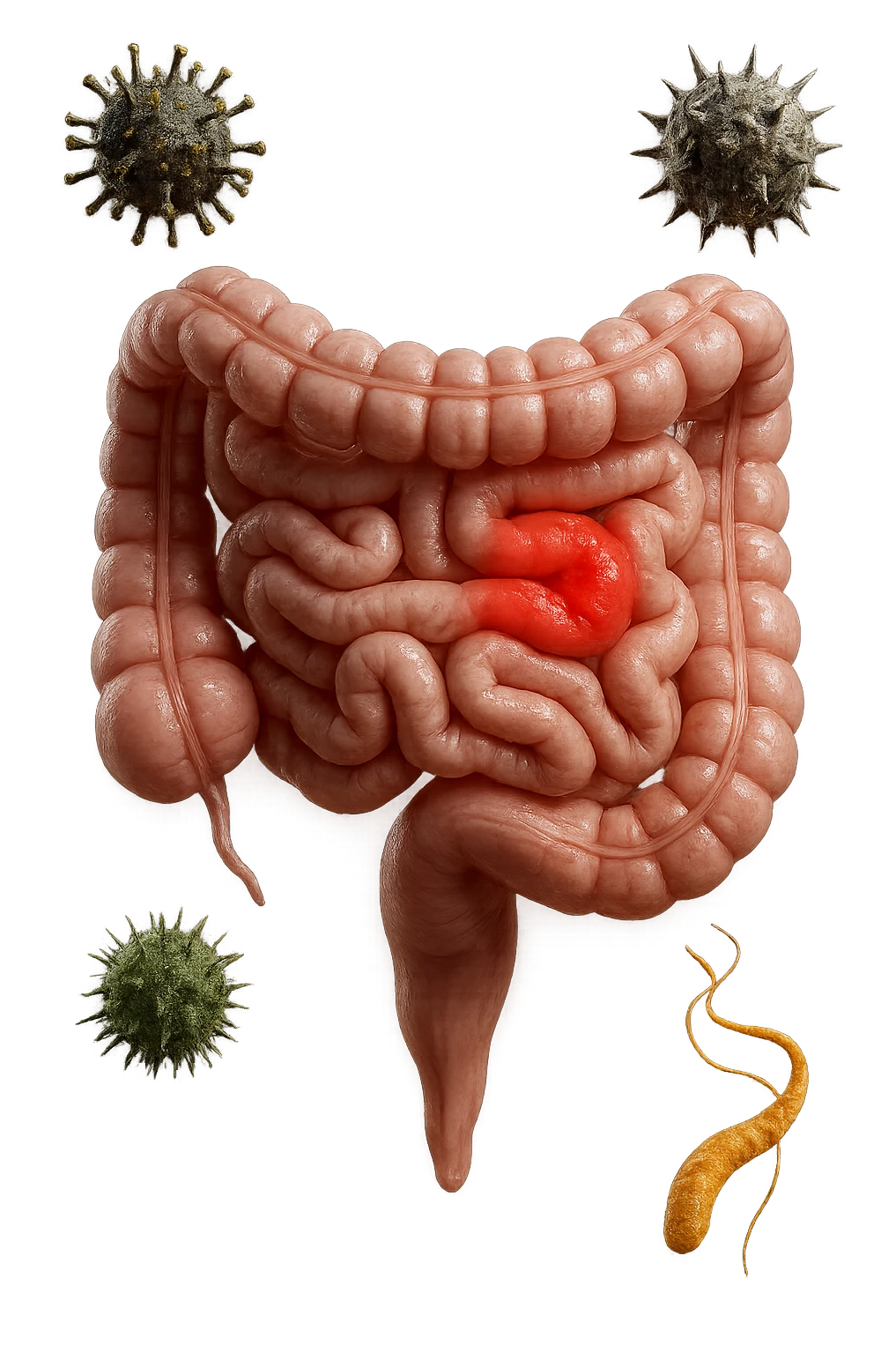 intestino anatomico realistico con red spot di infiammazione CON VARIE PARTICELLE TOSSICHE CHE CERCANO DI ATTACCARLO, IPERREALISTICO 4K emoji