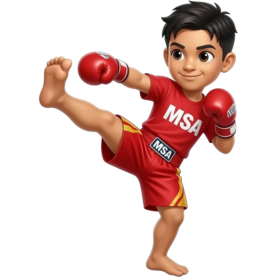 Thai boxer front kick teep red shorts and red t shirt with msa logo emoji