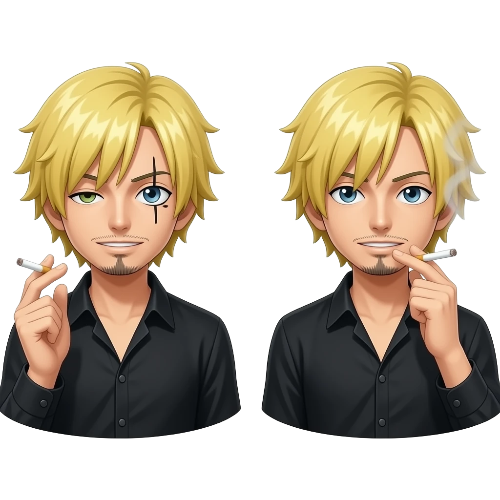 Create Sanji in One Piece. He usually wears a black shirt and smokes a cigarette. Before the time skip, his blond hair covers his left eye. After the time skip, his hair covers his right eye. emoji