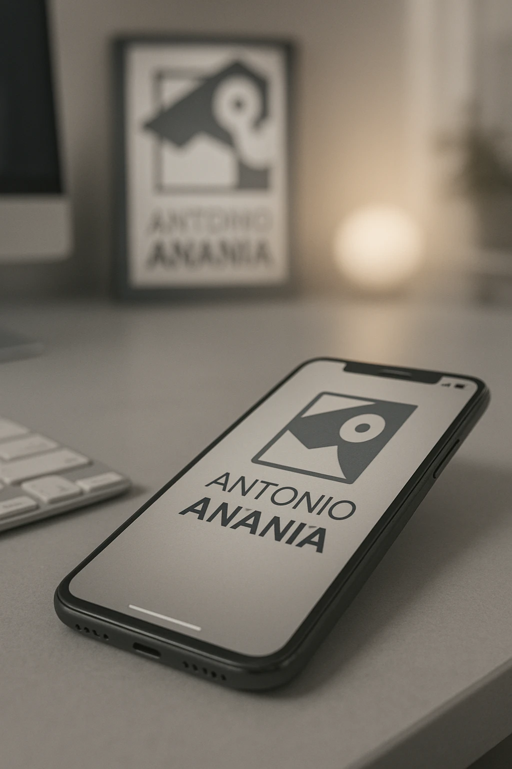 A photo of an iPhone with the message "Antonio Anania" on its screen, The phone sits atop a desk with a blurred background that suggests work environment. A faint glow from above casts gentle shadows across the surface of each object, creating depth and highlighting their textures. emoji