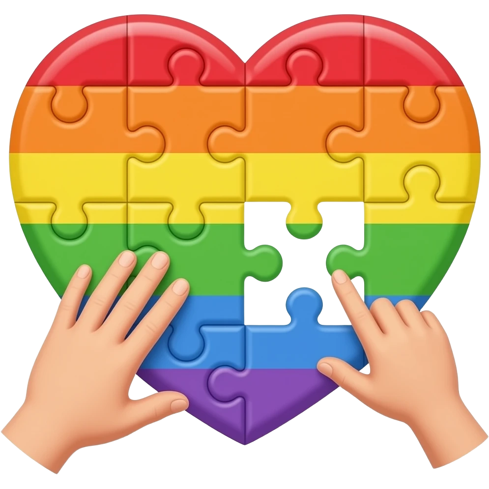 heart rainbow puzzle with one adult hand and one children hand making the puzzle emoji