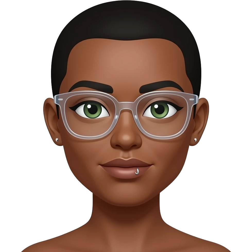 De ella solo se muestra desde el cuello para arriba. Es de piel morena y de estilo 3d. Tiene arito en cada oreja. Tiene un pequeño piercing en un costado del labio.Tiene lentes tranparentes. Tiene ojos verdes claro con cejas poquito frunzidos. emoji