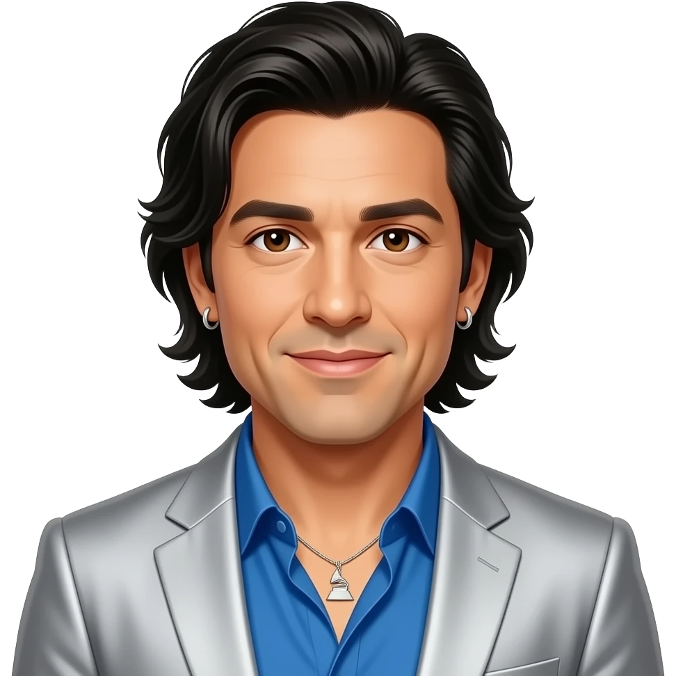 Joey Fatone from NSYNC with brown eyes, long black hair, grammy blue shirt and silver suit jacket, necklace and earrings emoji