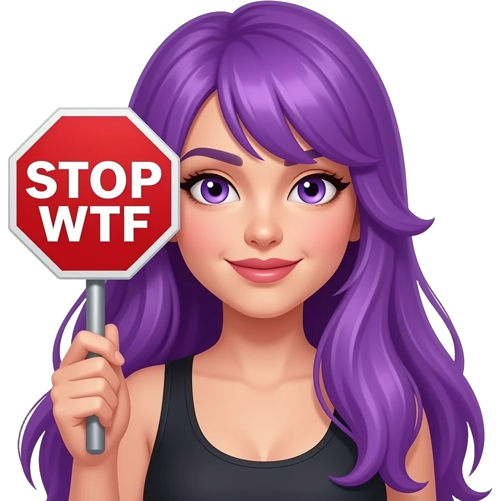 sexy girl with long purple hair and purple eyes holding a STOP... WTF sign emoji