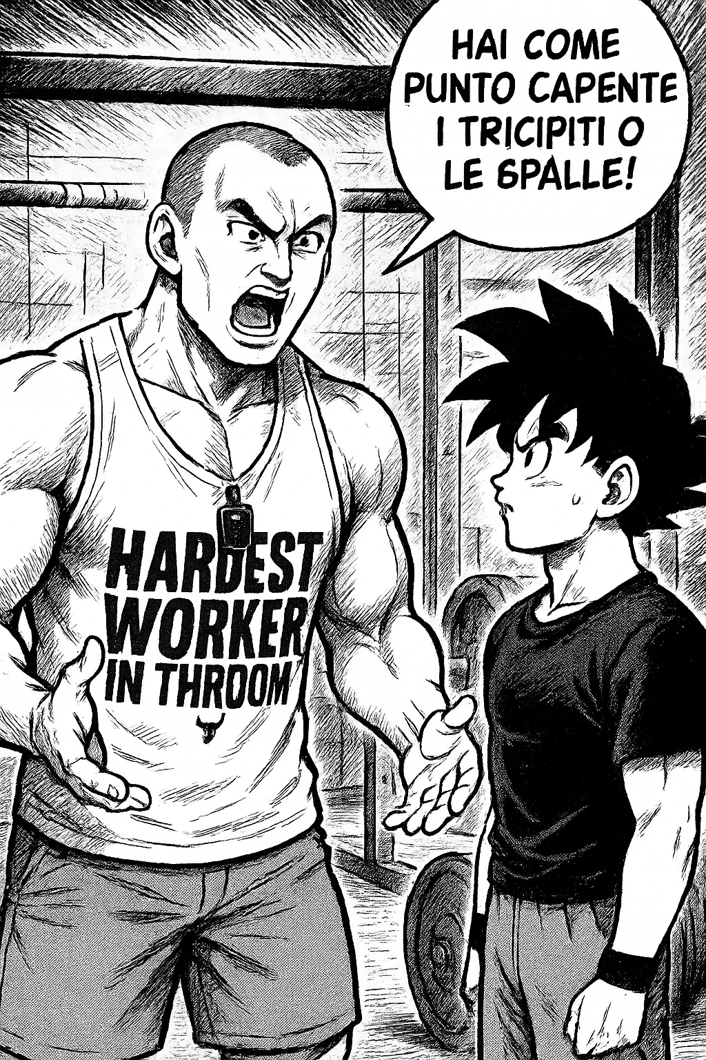 Personal trainer che dice al suo allievo, "hai come punto carente i tricipiti o le spalle!" Stile manga di Dragon Ball emoji