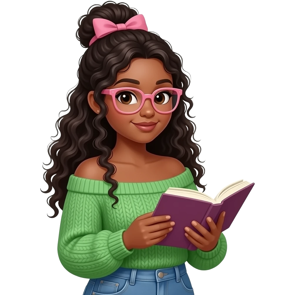 A curvy black pale light skinned woman with long curly hair in a messy bun with a bow, and pink glasses, wearing a green off the shoulder sweater and jeans, and reading a book emoji