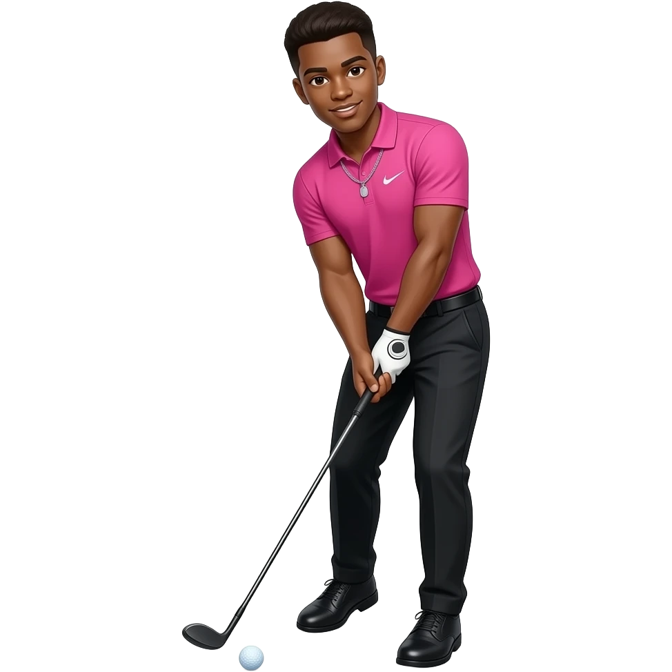 black skinned 22 year old man with a brown low taper fade black golfing pants, black golfing shoes, pink nike golf shirt where it is so tight you can see his abs, wearing a diamond chain with nothing around the chain just singular chain also swinging the golf ball with the club emoji