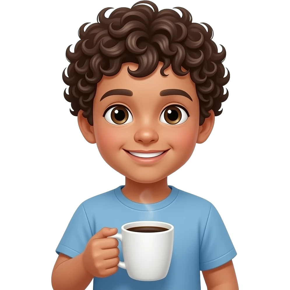 young boy with curly hairs and hold coffee emoji