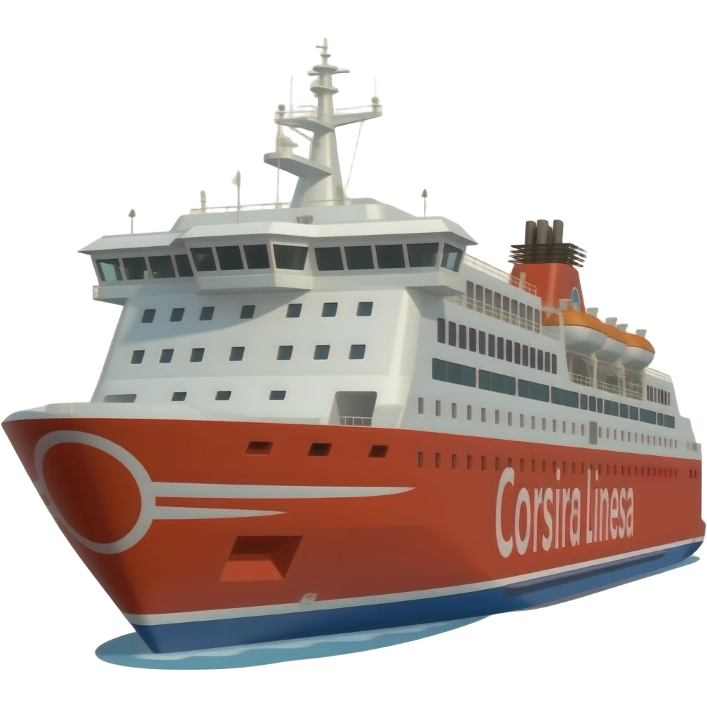 "Emoji du ferry Pascal Paoli de Corsica Linea, vue 3/4, coque rouge, style cartoon emoji, couleurs vives, contours nets, rendu propre et moderne emoji