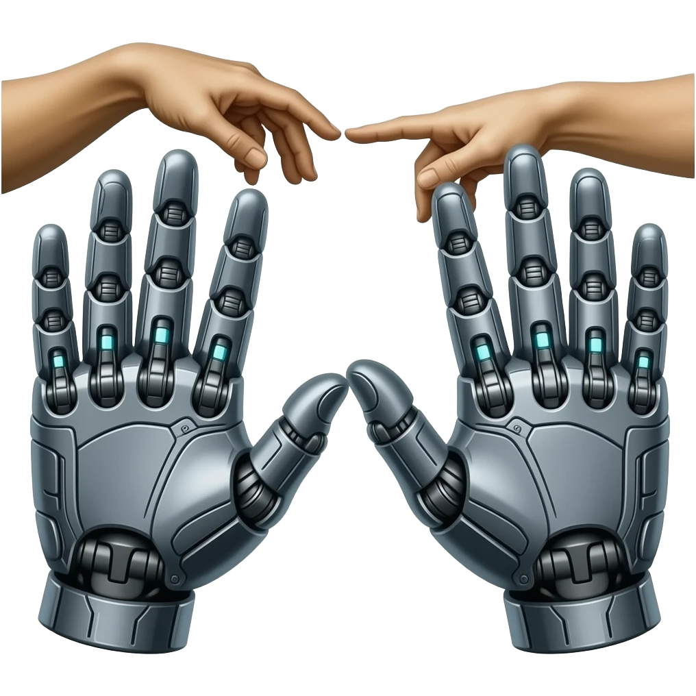 cyberpunk  - the touch of the fingers of two palms as in Michelangelo's painting in the Sistine Chapel, but mechanically constructed emoji