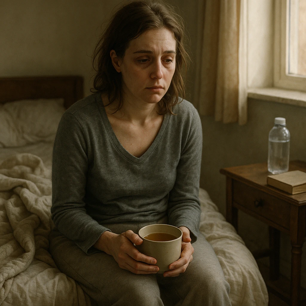 A realistic, cinematic illustration of a woman in her early 30s with a tired, pale appearance, sitting on the edge of her bed in a softly lit bedroom during the morning. She looks exhausted and drained, with a slightly slouched posture and dark circles under her eyes. She wears comfortable loungewear and holds a warm cup of herbal tea, seeking comfort. The cozy, slightly messy room includes a blanket, a water bottle, and a book on the nightstand, emphasizing chronic fatigue. Soft natural light comes through the window, highlighting her expression of persistent tiredness despite rest, capturing the invisible struggle of chronic fatigue syndrome with dignity and a gentle aesthetic. emoji