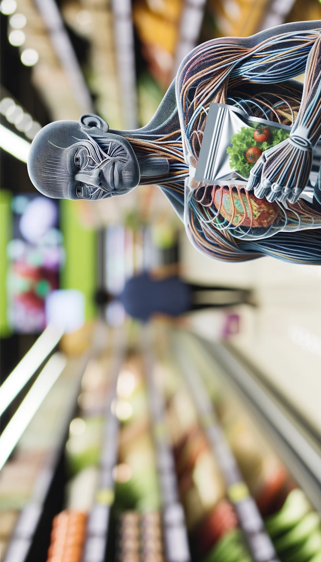 corpo umano anatomico con capelli corti in un supermercato che tiene in mano una busta di insalata di plastica preconfezionata, supermercato sfocato sullo sfondo emoji