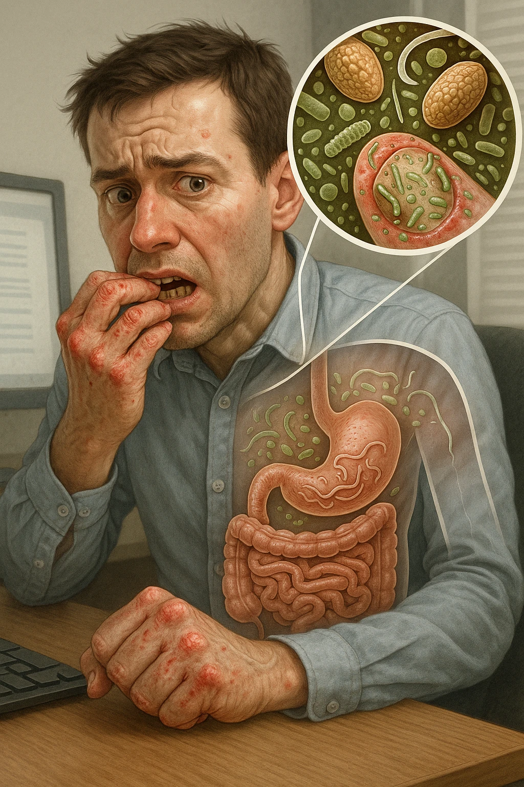 Anxious man at office desk unconsciously biting fingernails, microscopic overlay showing parasitic eggs and bacteria concentrated under nail beds, worms and microorganisms being consumed with each bite, expression of nervous habit unaware of contamination, computer screen reflecting his stress while he infects himself, fingertips raw and bleeding from chronic nail-biting, invisible parasite colonies entering his digestive system emoji