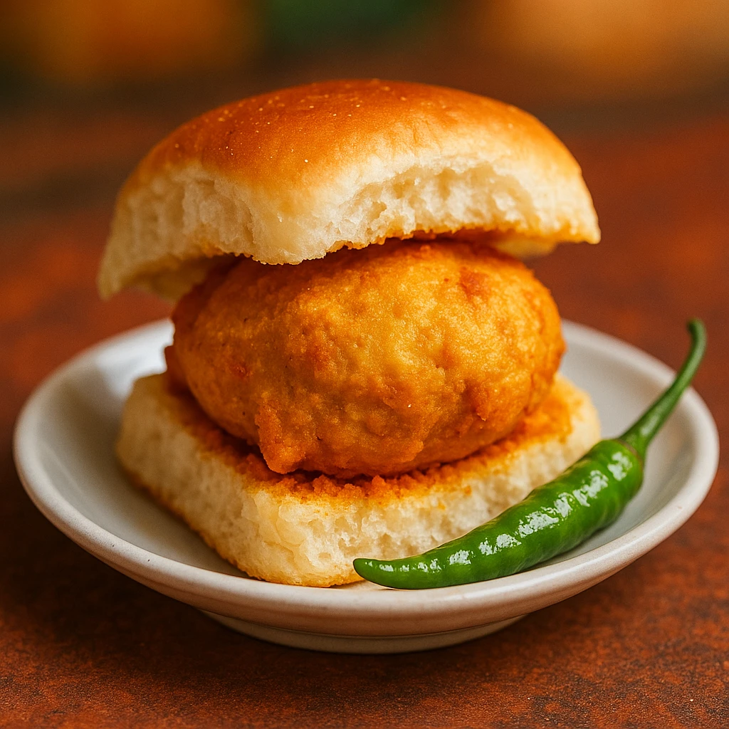 Mumbai Vadapav, iconic Indian street food, soft bun with spicy potato filling, green chili, served on a small plate, vibrant, appetizing, focus on the vadapav, no text emoji